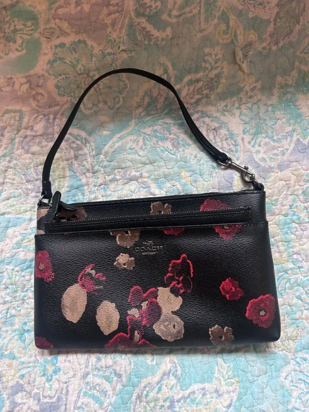 Coach F55683 Halftone Floral Wristlet Pop-Up Pouch Black Floral Set